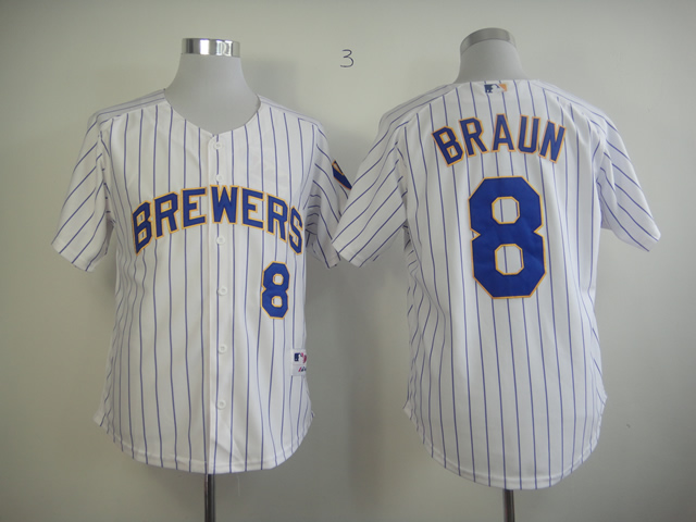 Men Milwaukee Brewers #8 Braun White Stripe MLB Jerseys->milwaukee brewers->MLB Jersey